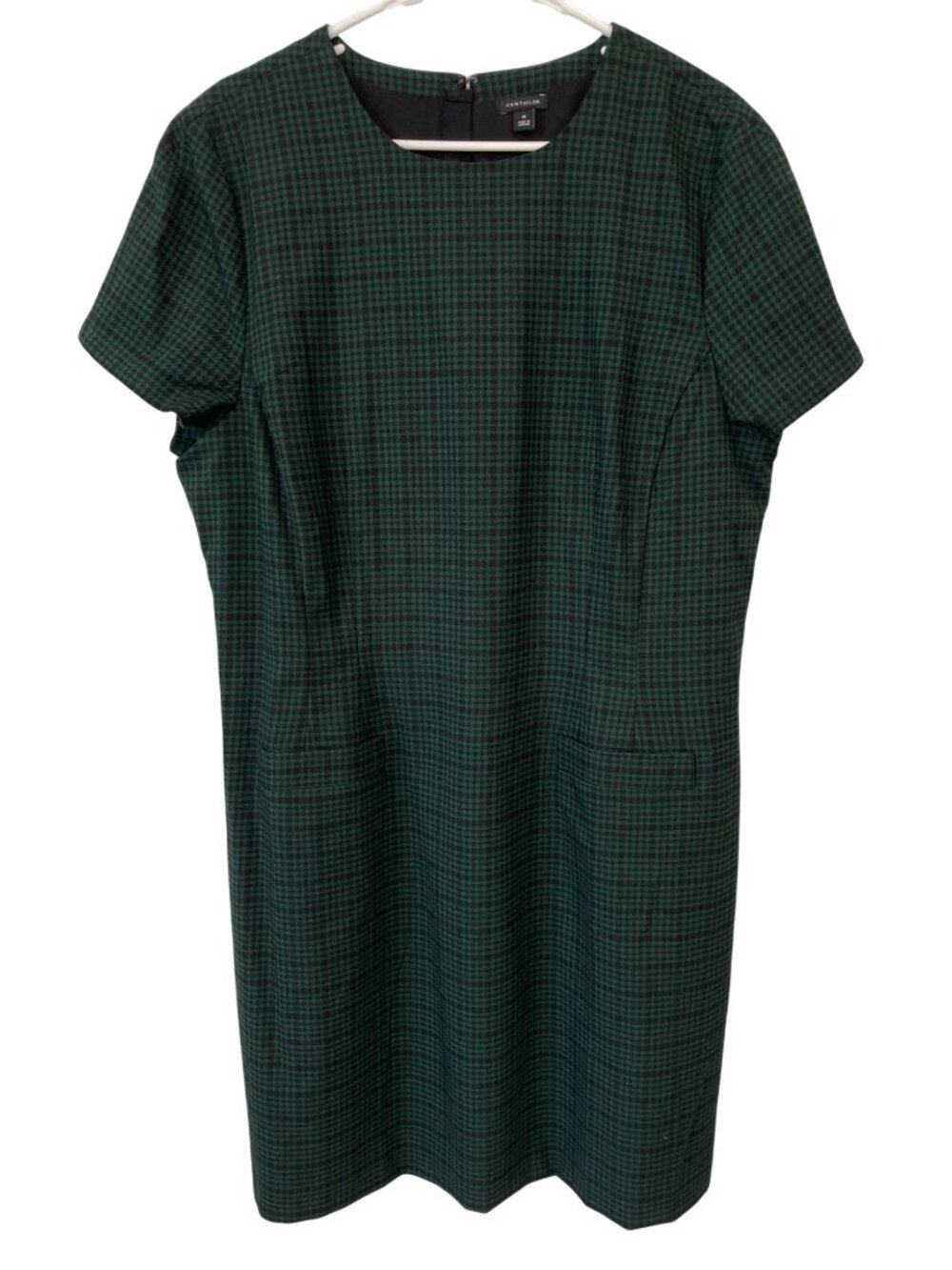 Ann Taylor Sheath Dress Size 18 Plaid Houndstooth Short Sleeve Green Corporate